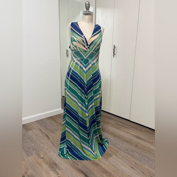 Fresh Of LA Green and Blue Striped Maxi V-Neck  Women's Dress Medium - Picture 1 of 5